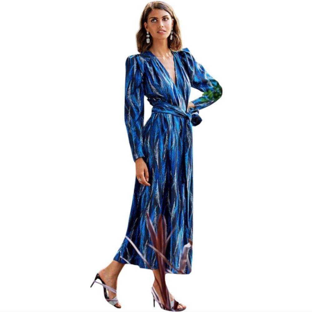 Happy Nature Blue Feather Print Wrap Midi Kate Hudson Dress